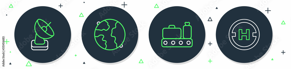 Set line Worldwide, Conveyor belt with suitcase, Radar and Helicopter landing pad icon. Vector Set line Worldwide, Conveyor belt with suitcase, Radar and Helicopter landing pad icon. Vector
