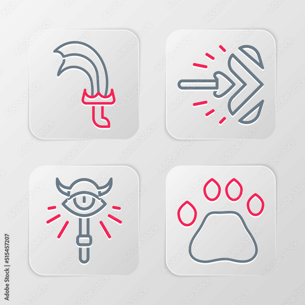 Set line Bear paw footprint, Magic staff, arrow and Sword for game icon. Vector