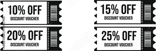 10% 15% 20% 25%discount coupon, promotional voucher and coupon template color black. Premium special price offers sale coupon or best retail price promotional vouchers. isolated vector icons 