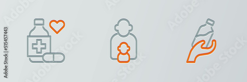 Set line Donation water, Medicine bottle and pills and Taking care of children icon. Vector
