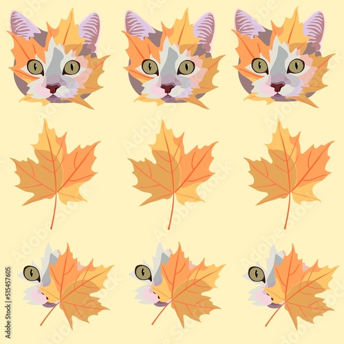 Seamless print for fabric with portraits of cats with a maple leaf spot on the face, and orange maple leaves on a light yellow background in vector.