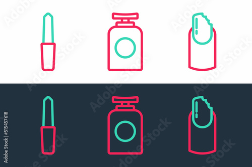 Set line Broken nail  Nail file and Tube of hand cream icon. Vector