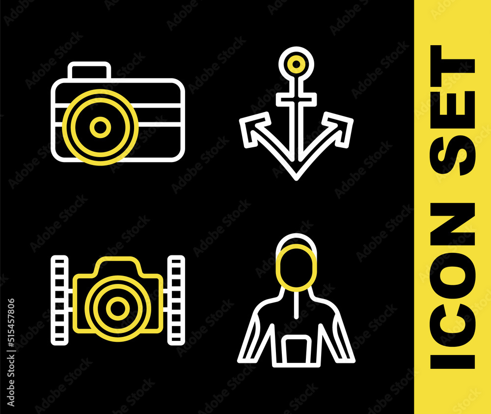 Set line Anchor, Wetsuit for scuba diving, Photo camera diver and icon. Vector Set line Anchor, Wetsuit for scuba diving, Photo camera diver and icon. Vector