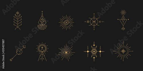 Set of moon and sun line art. Minimal boho linear symbols. Celestial mystic element. Vector line art illustration