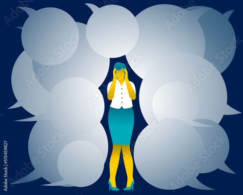 Desperate woman surrounded by speech balloons. Fear of other people's opinions concept. Psychology and anxiety of others. Psychological pressure of the judgment of others. Social tension. 