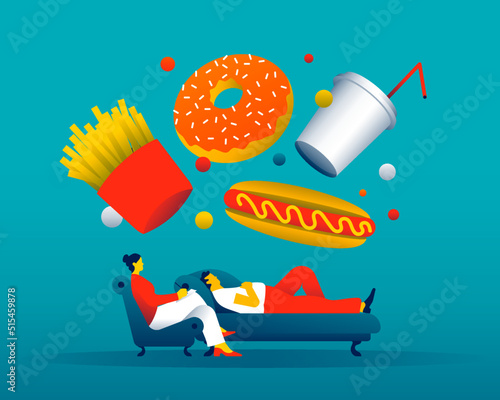 Man at a therapy session with a female psychiatrist, with junk food above them. Eating disorder concept. Male subject. Vector illustration