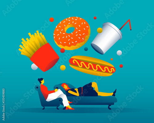 Woman at a therapy session with a female psychiatrist, with junk food above them. Eating disorder concept. Female subject. Vector illustration