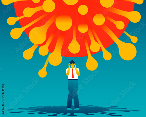 Standing desperate man with a giant covid-19 virus above him. Coronavirus effect on mental health. Psychology and anxiety of coronavirus. Feeling of oppression. Vector illustration