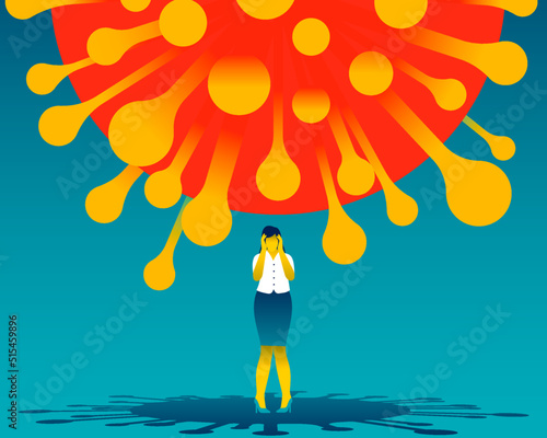 Standing desperate woman with a giant covid-19 virus above her. Coronavirus effect on mental health. Psychology and anxiety of coronavirus. Feeling of oppression. Vector illustration