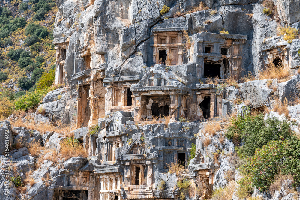 Rock-cut tombs in the ancient city of Myra, Turkey.
