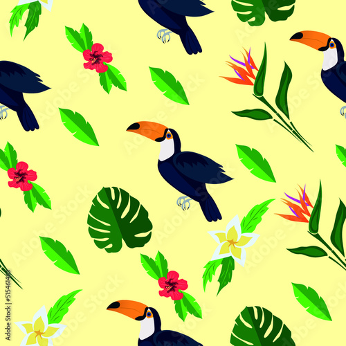 Exotic pattern with toucans and flowers. Place for text. High quality vector illustration.