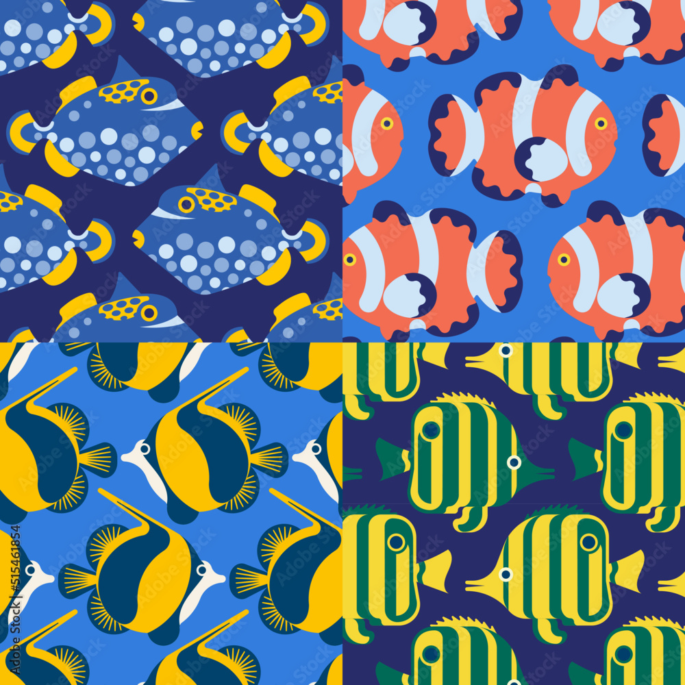 Four Seamless Patterns of Colorful Fishes Four Seamless Patterns of Colorful Fishes