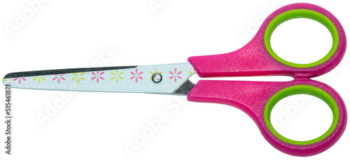 closed children's scissors with colorful patterned blade, with PS path