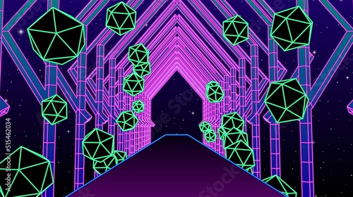 Neon corridor with wireframe shapes in 80s synthwave style. Abstrace retro arcade game background for party poster or music cover.