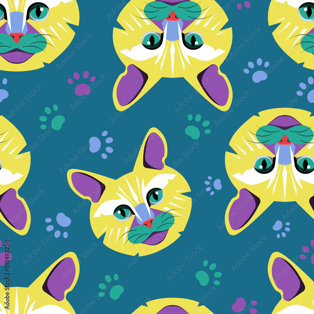 Pattern of stylized cat face and cat paws vector illustration. Pattern of stylized cat face and cat paws vector illustration.