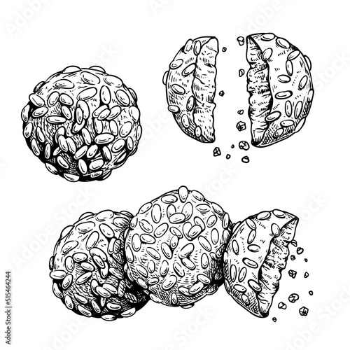 Traditional Italian cookies Pignoli. Italian biscuits set. Top view. Collection of homemade baked sweets. Hand drawn sketch style. Vintage illustrations isolated on white background.