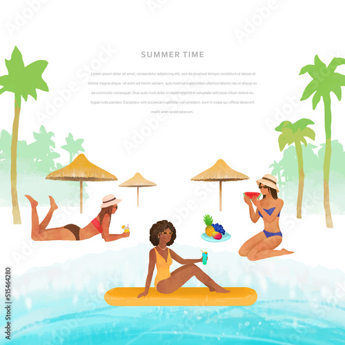 Summer vector vacation concept. Girl floating on a yellow beach mattress. Beautiful women on a tropical beach. Ttravel template with palm trees, beach, women and place for text photo