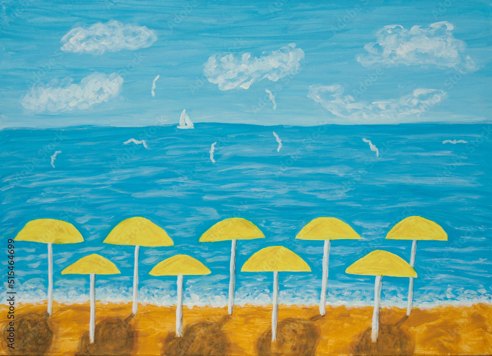 Seascape with yellow umbrellas acrylic painting on canvas