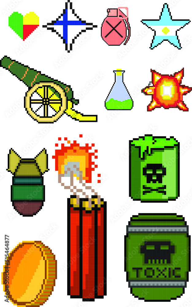8 bit Pixel art game icon set. ui elements pixel set. game world and