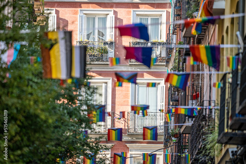 Streets of the Madrid neighborhood of Chueca adorned with rainbow flags on the occasion of LGBTI and gay pride week, during a sunny summer day © MARIO MONTERO ARROYO