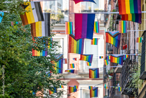 Streets of the Madrid neighborhood of Chueca adorned with rainbow flags on the occasion of LGBTI and gay pride week, during a sunny summer day © MARIO MONTERO ARROYO