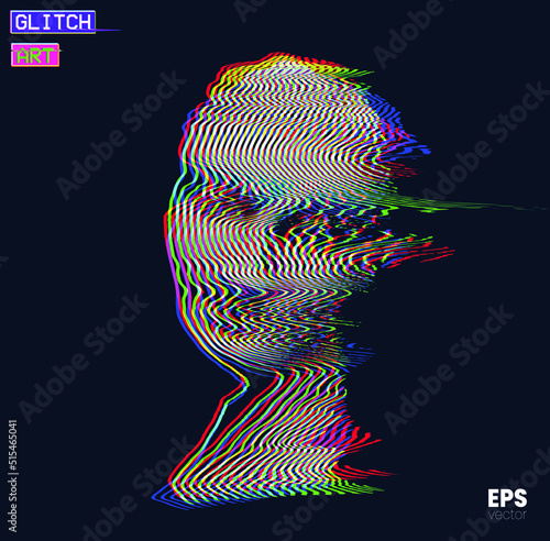 Vector glitch art in RGB offset colored oscillator line halftone illustration from 3D rendering of  female classical head sculpture on black background.