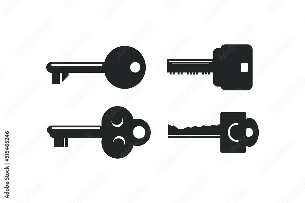 Vector decoration of assorted key shapes on white background. Vector black key shape