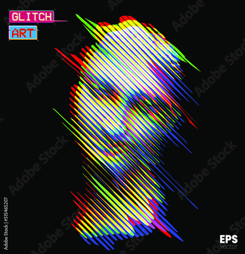 Glitch Art. Vector glitch corrupted RGB color mode offset illustration from 3D rendering of female classical head sculpture in tilted line halftone style isolated on black background.