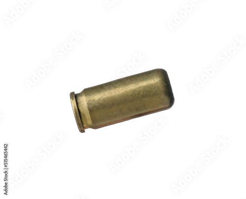 Cartridge case isolated on white. Firearm ammunition