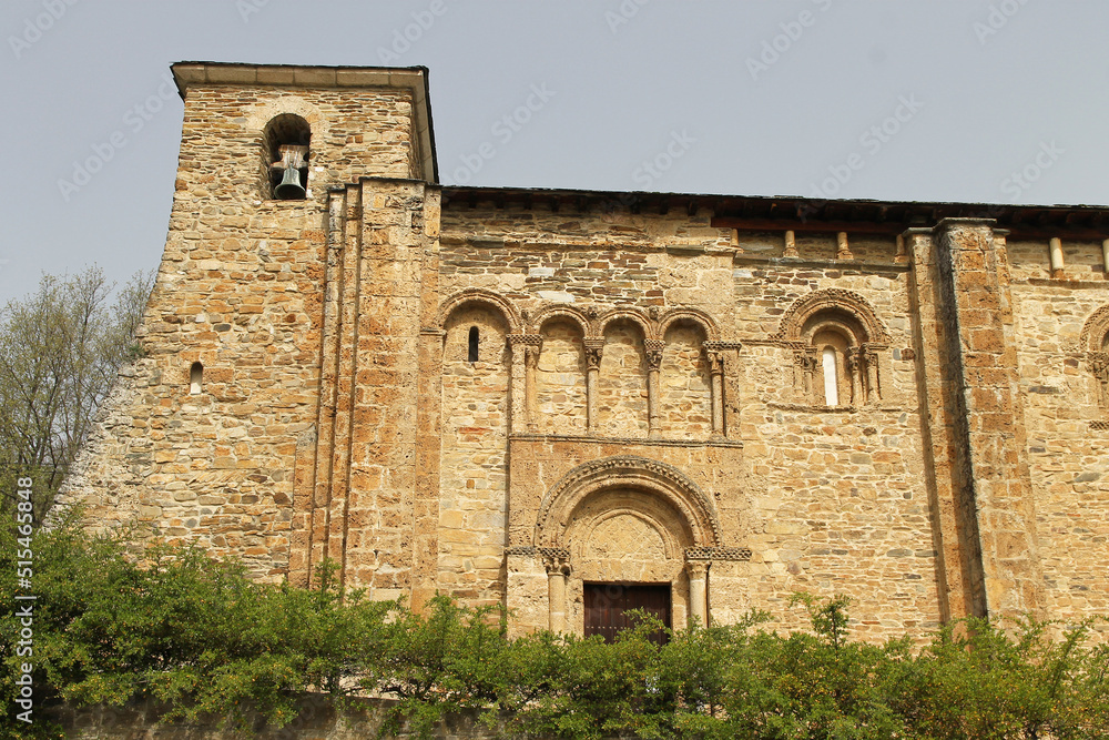 View of the church of San Miguel in Corullon, Leon (Spain). Built at the beginning of the 12th century, in the Romanesque style. It has a single nave with three sections topped by a semicircular apse