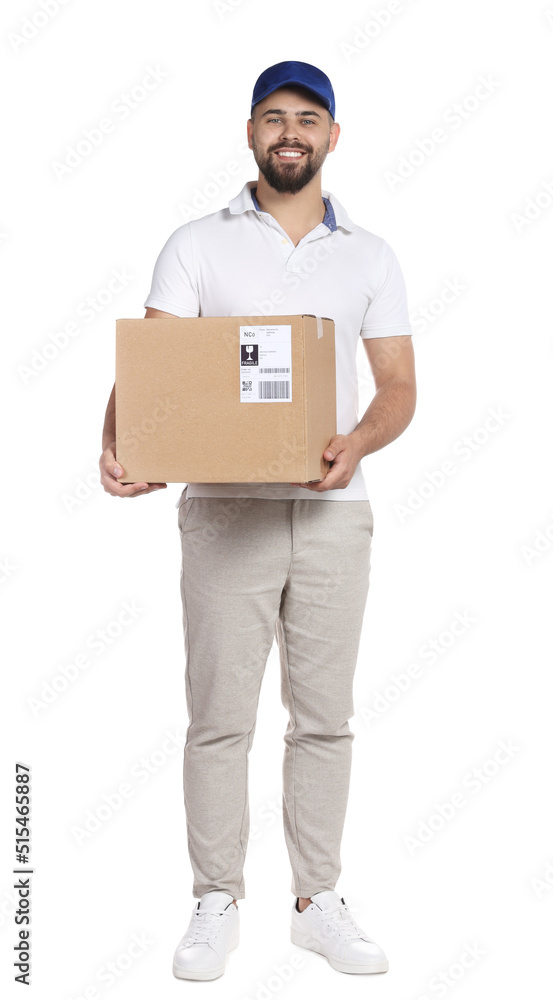 Courier holding cardboard box on white background Courier holding cardboard box on white background
