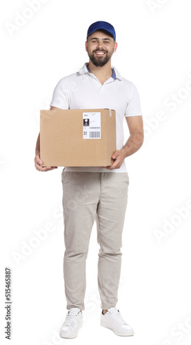 Courier holding cardboard box on white background © New Africa