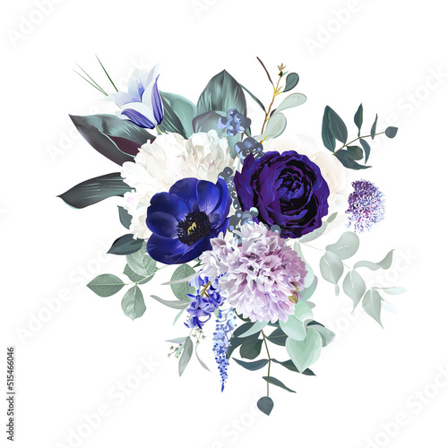 Periwinkle violet anemone, dark purple rose, dusty mauve and lilac hyacinth, allium