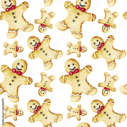 Christmas tree gingerbread man cookies watercolor seamless pattern background for fabric, wallpaper, wrapping paper.