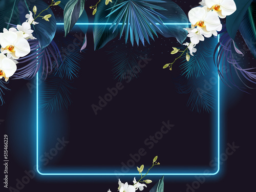 Tropical blue elegant frame arranged from exotic leaves and white orchid flowers. Design vector.