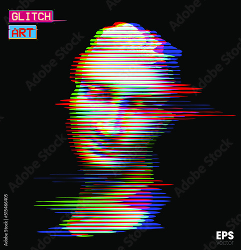 Glitch Art. Vector glitch corrupted RGB color mode offset illustration from 3D rendering of female classical head sculpture in horizontal line halftone style isolated on black background.