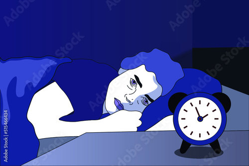 Tired man suffering from insomnia in bed at night, vector illustration. Sleep disorder
