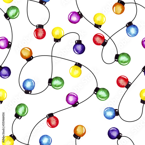 Christmas string lights watercolor seamless pattern background for fabric, wallpaper, wrapping paper.