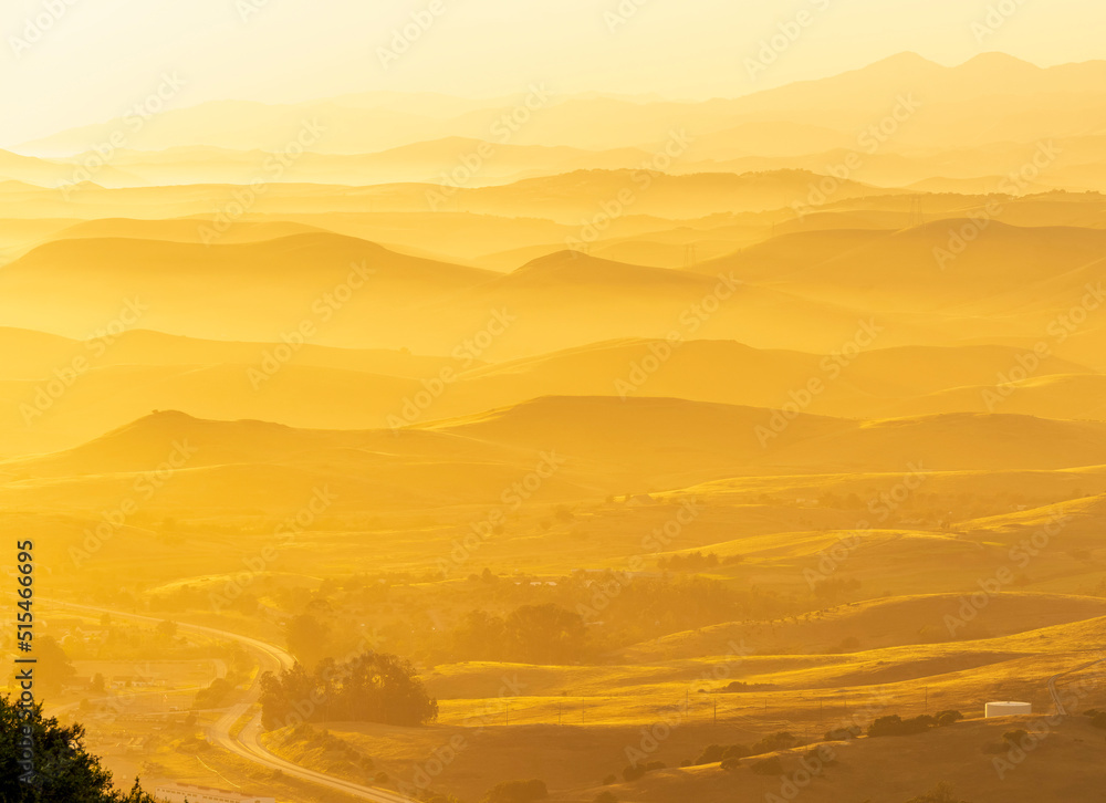 Yellow sunset, sunrise, over hills, mountains, view