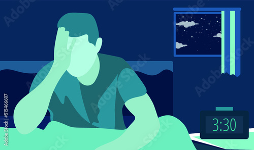 Tired man suffering from insomnia in bed at night, vector illustration. Sleep disorder