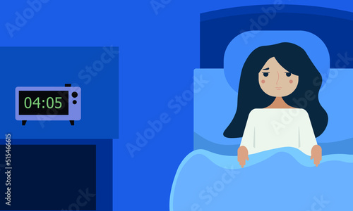 Tired woman suffering from insomnia in bed at night, vector illustration. Sleep disorder