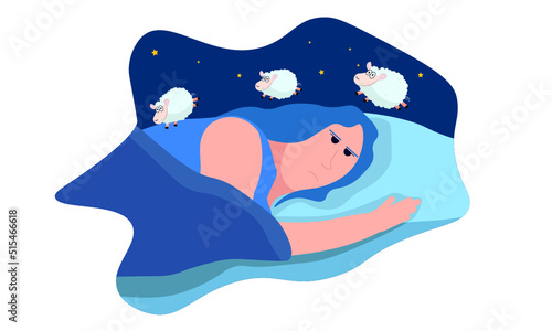 Tired woman trying to fall asleep counting sheep in bed. Vector illustration