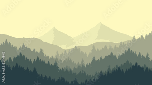Misty mountain landscape and pine forest, mountain silhouette. © Supachai