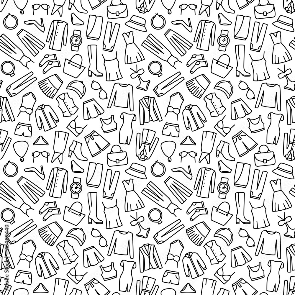 Seamless pattern with woman clothes and accessories line icon. Vector illustration