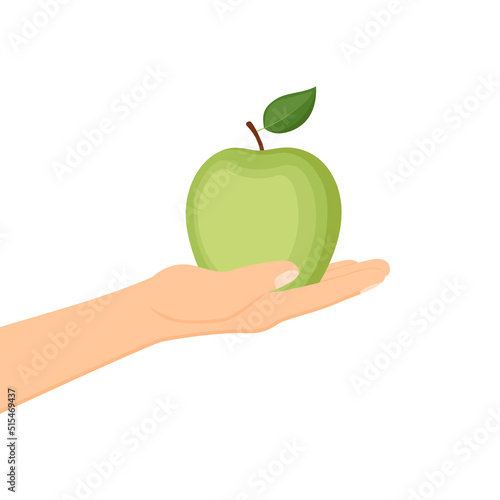 Hand holding ripe green apple. Healthy food concept, vector illustration