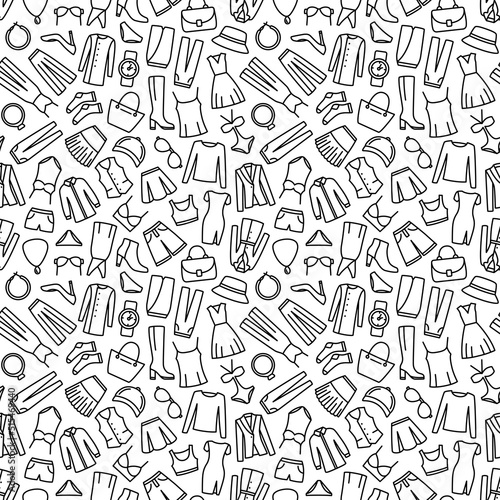 Seamless pattern with woman clothes and accessories line icon. Vector illustration