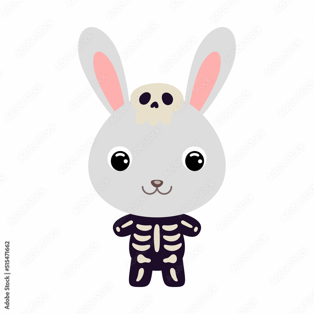 Cute little Halloween rabbit in a skeleton costume. Cartoon animal character for kids t-shirts, nursery decoration, baby shower, greeting card, invitation, house interior. Vector stock illustration Cute little Halloween rabbit in a skeleton costume. Cartoon animal character for kids t-shirts, nursery decoration, baby shower, greeting card, invitation, house interior. Vector stock illustration