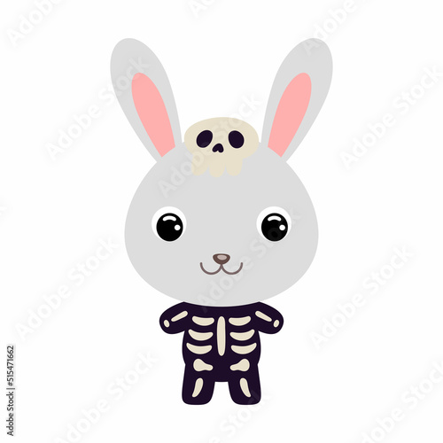 Cute little Halloween rabbit in a skeleton costume. Cartoon animal character for kids t-shirts, nursery decoration, baby shower, greeting card, invitation, house interior. Vector stock illustration