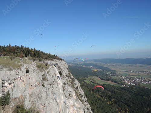 Aerial panorama of paragliding over the Hohe Wand mountain range in Austria. The scenic view captures the beauty of flying over this natural reservation, highlighting the thrill of the sport.

 photo