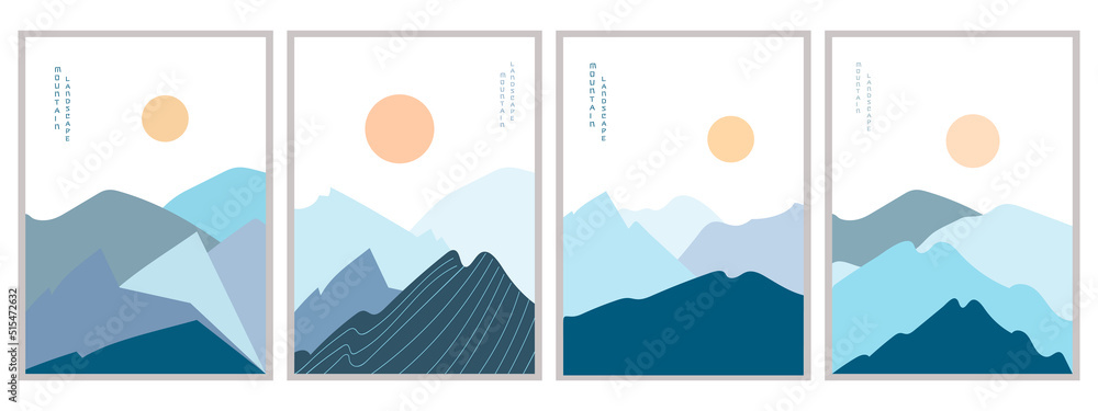 Vector illustration mountain winter landscape posters. Geometric landscape background in asian japanese style. Abstract symbol for print, poster, sticker, card design. 